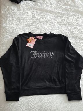 Juicy Couture Black Rhinestone Logo Velour Sweatshirt Medium New